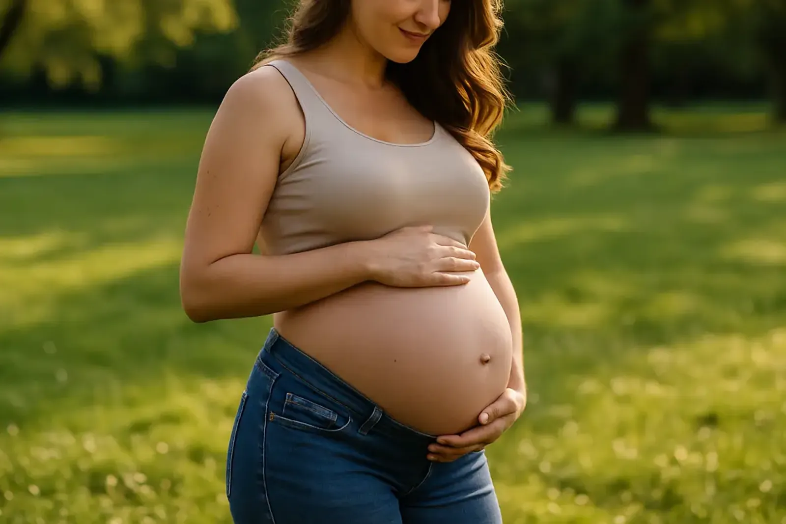 Donna incinta con jeans e top beige in un parco a Milano, durante il book fotografico gravidanza in esterna