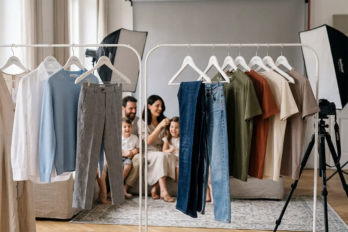 Outfit coordinati eleganti e casual per servizio fotografico famiglia a Milano