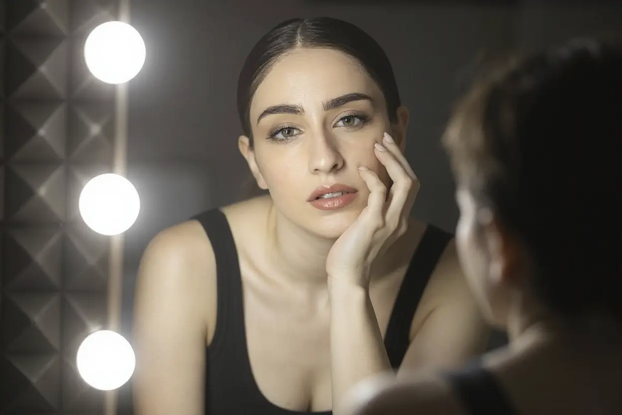 Luce morbida delle lampade dello specchio trucco su un volto femminile, il segreto per venire bene in foto